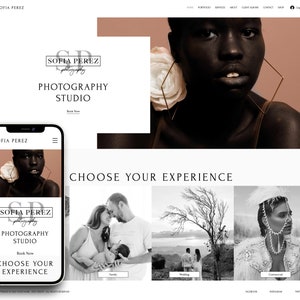 May include: A website interface for Sofia Perez Photography Studio featuring a hero image of a person with large geometric earrings, a mobile phone mockup displaying the same site, and three photography category sections: Family, Wedding, and Commercial.
