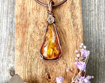 Joy of Life Amber Copper Wire Wrapped Crystal Necklace Healing Stone Pendant