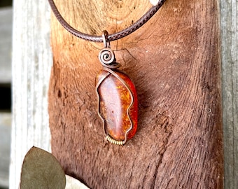 Amber Pendant Copper Wire Wrapped Crystal Boho Necklace Healing Stone Pendant