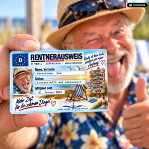 Könnte beinhalten: Ein rechteckiger Rentnerausweis mit dem Text RENTNERAUSWEIS, einem Foto einer lächelnden Person und einer Strandkulisse. Die Karte enthält Felder für Name, Status und Mitgliedsdatum sowie dekorative Holzschilder und einen Leuchtturm.
