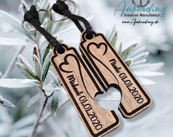 Partner Keychain GENUINE walnut wood - with request NAME and DATE -