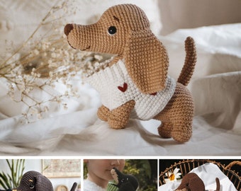 dog dachshund lovey puppy stuffed animal. Toy rattle dachshund in a striped sweater, brown dog gift for newborn. Baby shower puppy gift