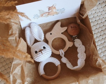 White Gender Neutral Baby Gift Box Bunny for parents to be. First time mom gift Pregnancy congrats for friend. Baby gift for animal shower.