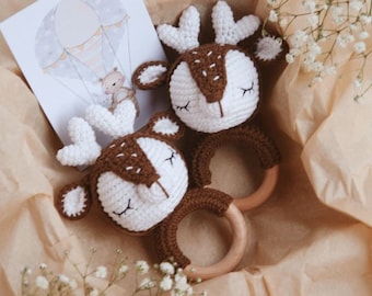 Deer rattle Baby Twins Gift Box Gender neutral baby girl boy Basket New twin mom expecting gift set Woodland rattles deer stuffed animal