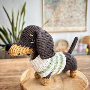 dog dachshund in a striped sweater toy stuffed animal puppy rattle dachshund, brown dog gift for newborn. Baby shower puppy gift