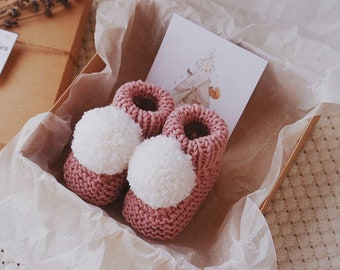 Gift for mom to be Lovely pink booties crochet for newborn girl Pink pom pom baby slippers boots Pregnancy gift box Best expecting gift baby