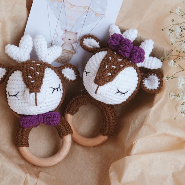 Deer Rattle Twin baby shower gift Boy and Girl Twin announcement Wooden ring forest animals rattle baby congrats gift Christmas rattle toy