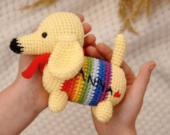 Dachshund baby toy Personalized puppy stuffed animal Rattle Dachshund in a rainbow sweater.