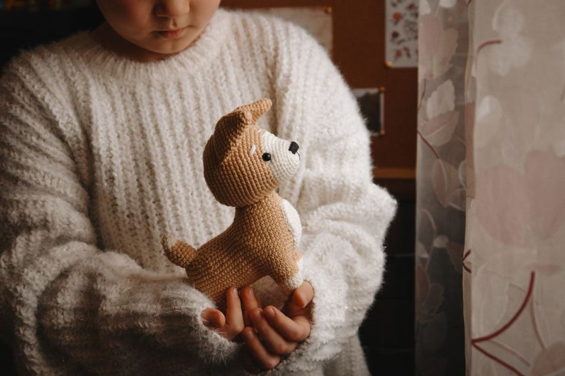 Peut inclure: Un enfant portant un pull blanc tient un jouet en crochet en forme de chien brun et blanc.