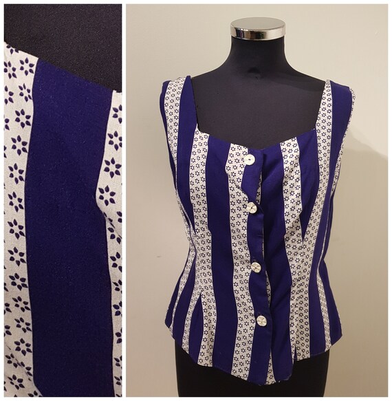 1950s Custom Made Blue & White Striped Button Fron