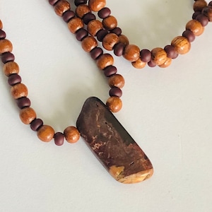 Necklace with Red Stone, Wood and Burgundy Seed Beads 24 inches