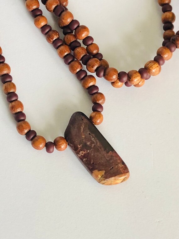 Necklace with Red Stone, Wood and Burgundy Seed Beads 24 inches