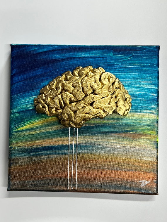 3D Printed Gold Brain with Embordered Brain Stem Canvas Art 8x8