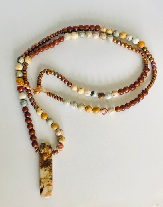 Necklace with Crazy Lace Agate, Wood And Glass Bronze Seed Beads 26 inches
