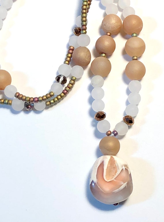 Necklace with Lepidolite Center Stone, Druzy Agate, White Jade and Copper Crystal and Seed Beads - 37 inches
