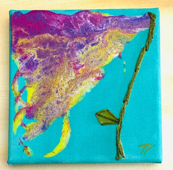 Embroidery Canvas Art, Tulip Paint Pour, Blue Acrylic Paint 4x4 Canvas