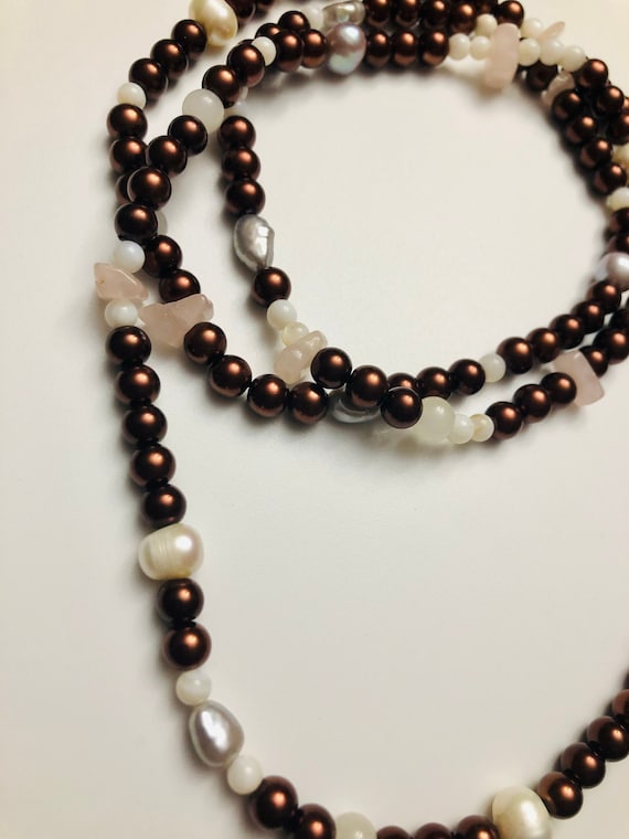 Necklace with Chocolate Pearls, Rose Quartz Chips, Fresh Water Pearls and Glass Beads 34 inches