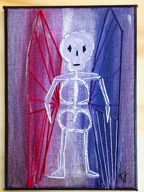 Embroidery Canvas Art, Skeleton Faery on Purple Acrylic Paint 5x7 Canvas