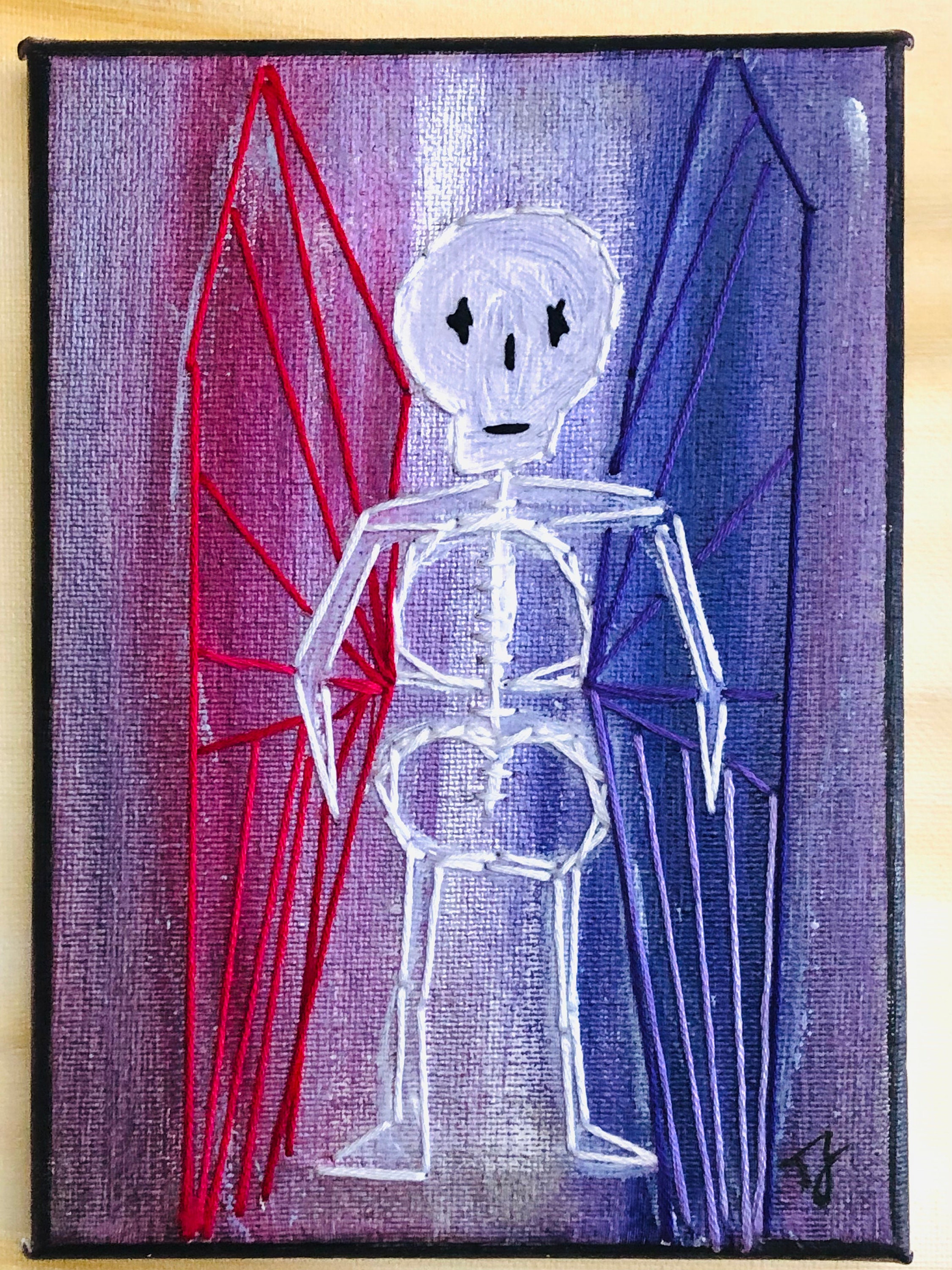 Embroidery Canvas Art, Skeleton Faery on Purple Acrylic Paint 5x7 Canvas