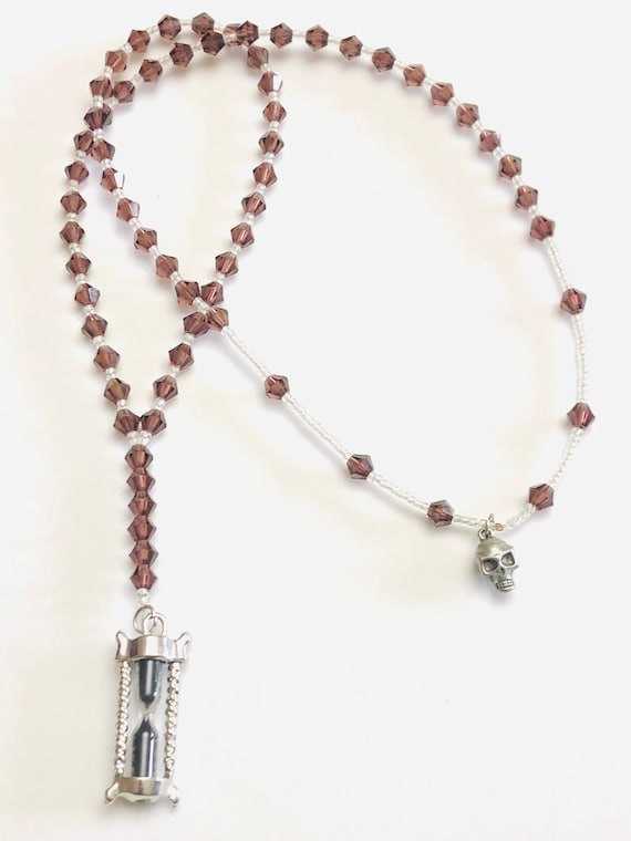 Hour Glass Pendant Necklace with Red Crystals and Glass Seed Beads, Skull dangles off the back - 30 inches including pendant
