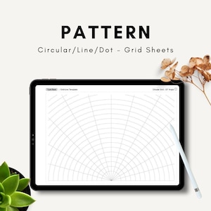Könnte beinhalten: Ein digitales Tablet zeigt eine Mandala-Vorlage mit einem kreisförmigen Rastermuster. Die Vorlage ist mit "Kreisförmiges Raster: 15° Winkel" beschriftet. Der Text "Typ Basis: Gold-Linien-Vorlage" ist in der oberen linken Ecke des Bildschirms sichtbar. Das Tablet liegt auf einer weißen Oberfläche mit einer Sukkulentenpflanze und getrockneten Blumen im Hintergrund.