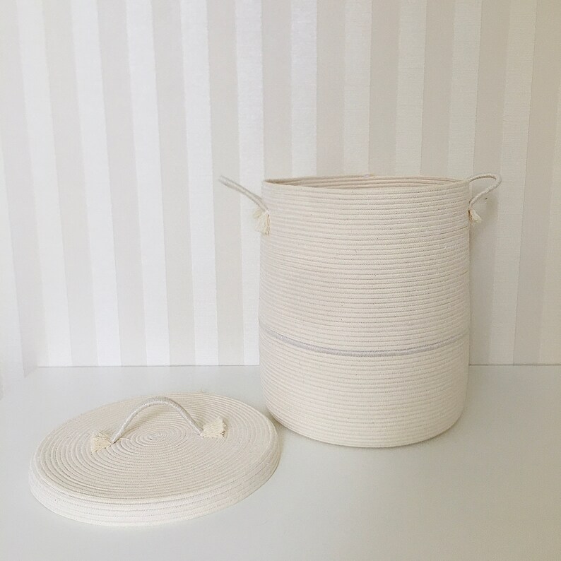 White laundry hamper Rope basket with lid Etsy