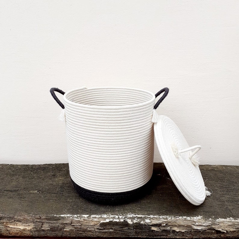 Large round basket with lid Rope basket with handle Etsy