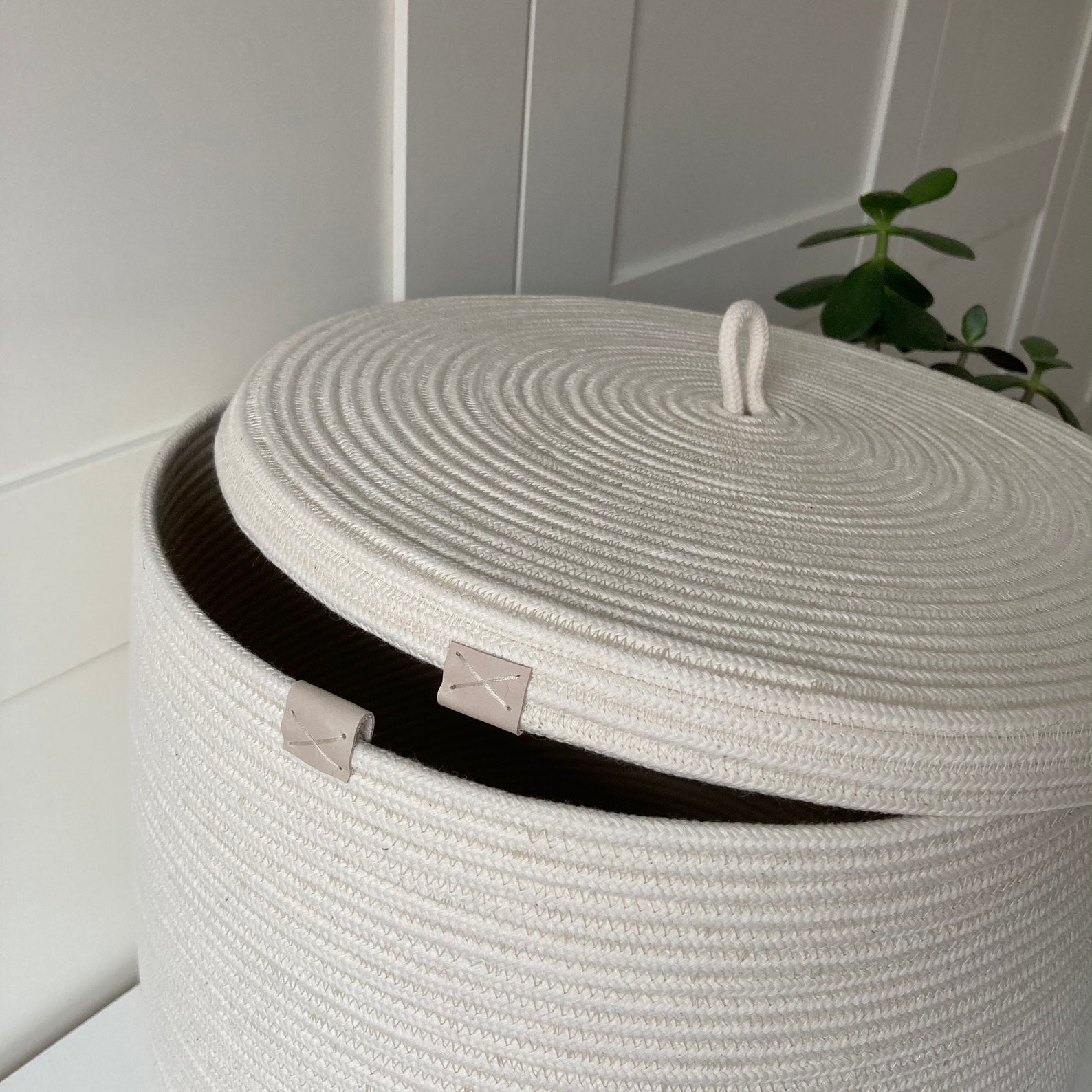 White laundry hamper Rope basket with lid Etsy