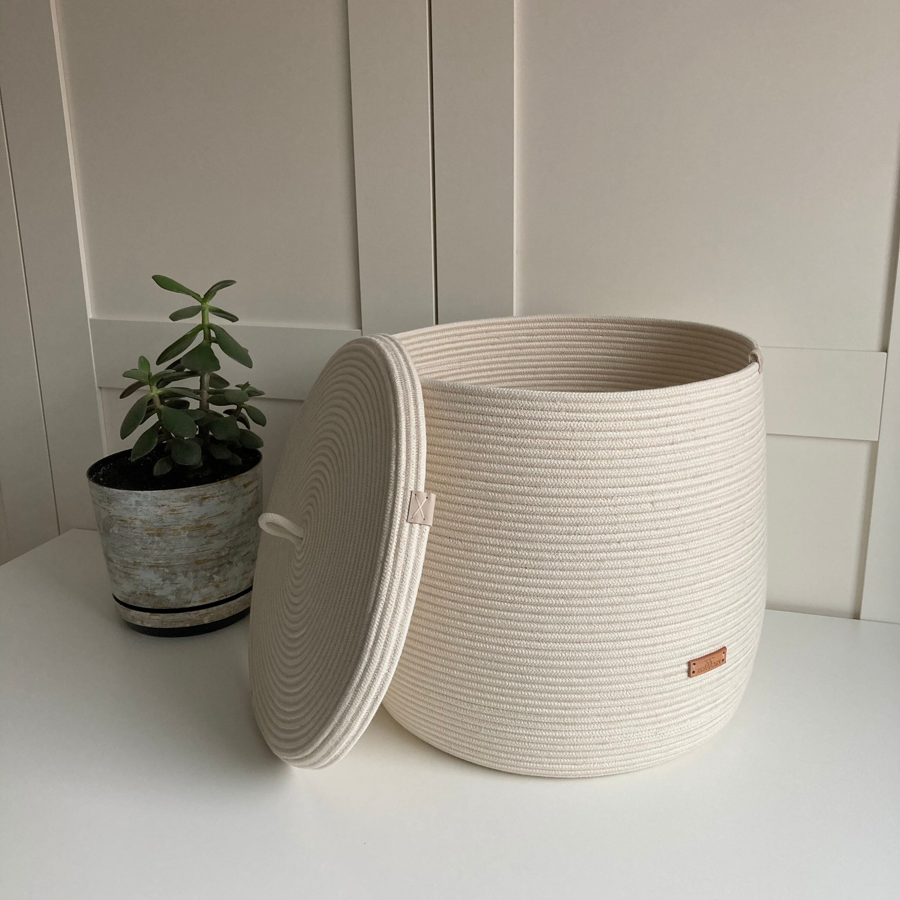 White laundry hamper Rope basket with lid Etsy