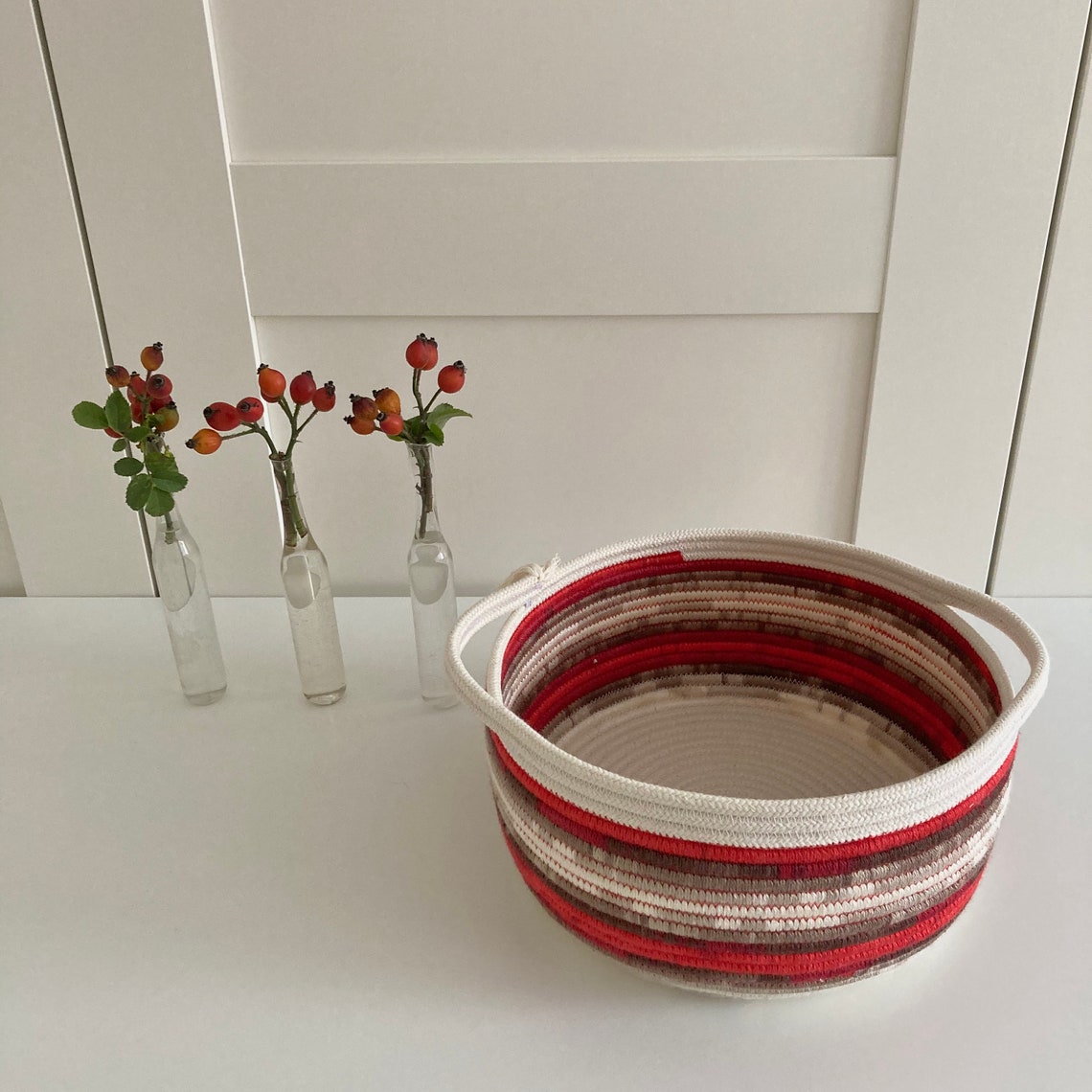 Red rope basket with handle Decorative basket Etsy