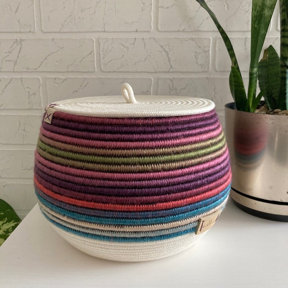 Rainbow Rope Basket With Lid Kids Room Decor Etsy