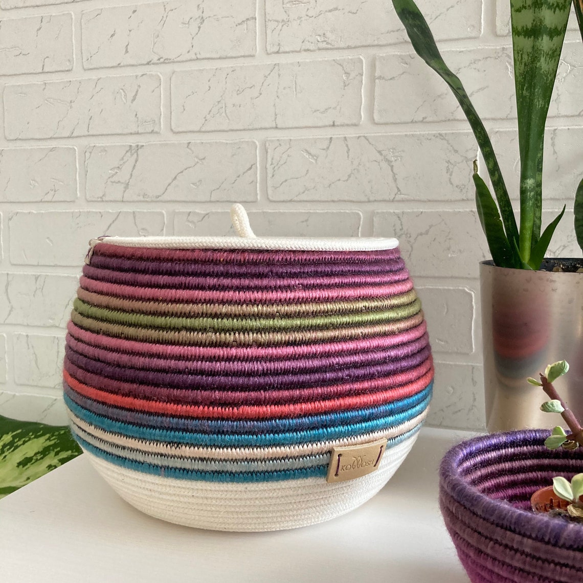 Rainbow rope basket with lid Kids room decor Etsy