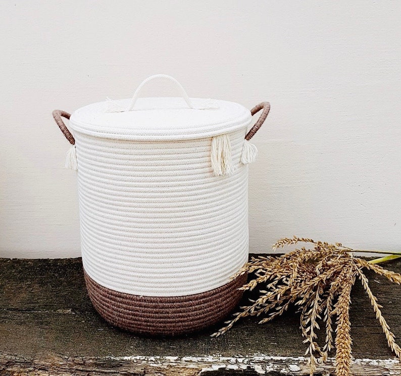 Large storage basket with lid Rope basket with handle Etsy