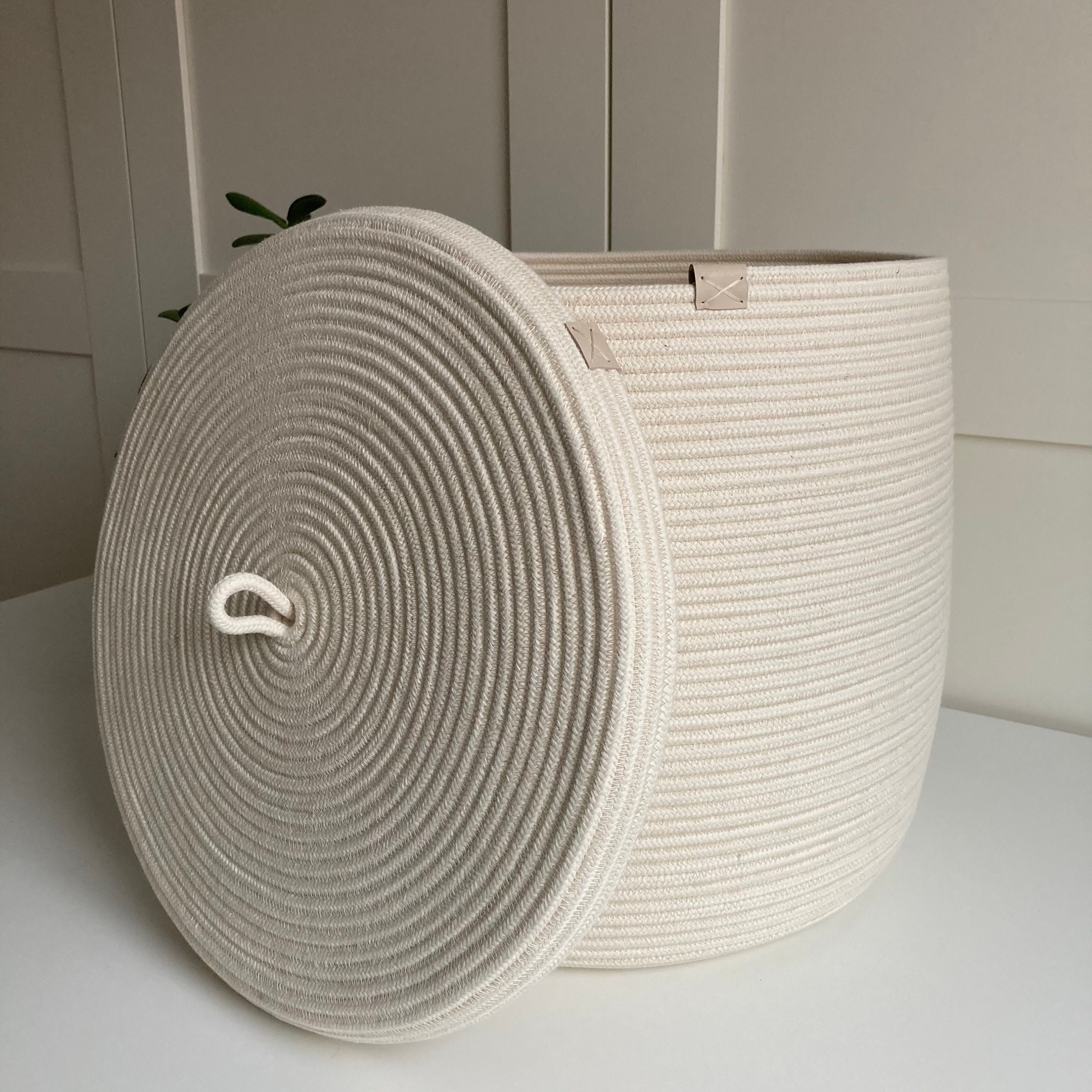 White laundry hamper Rope basket with lid Etsy