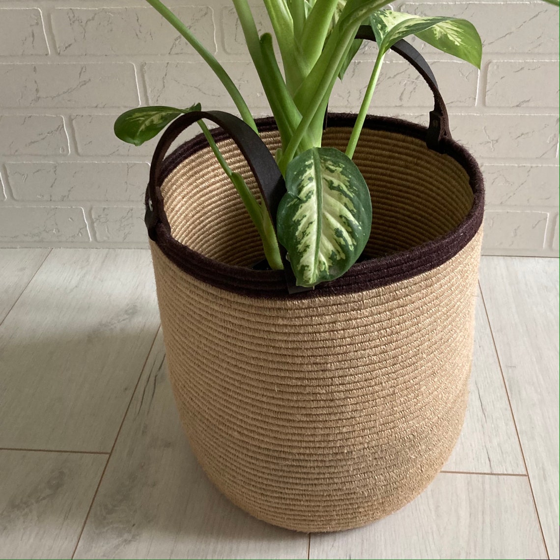 Jute basket with handle Floor plant basket Housewarming gift Etsy