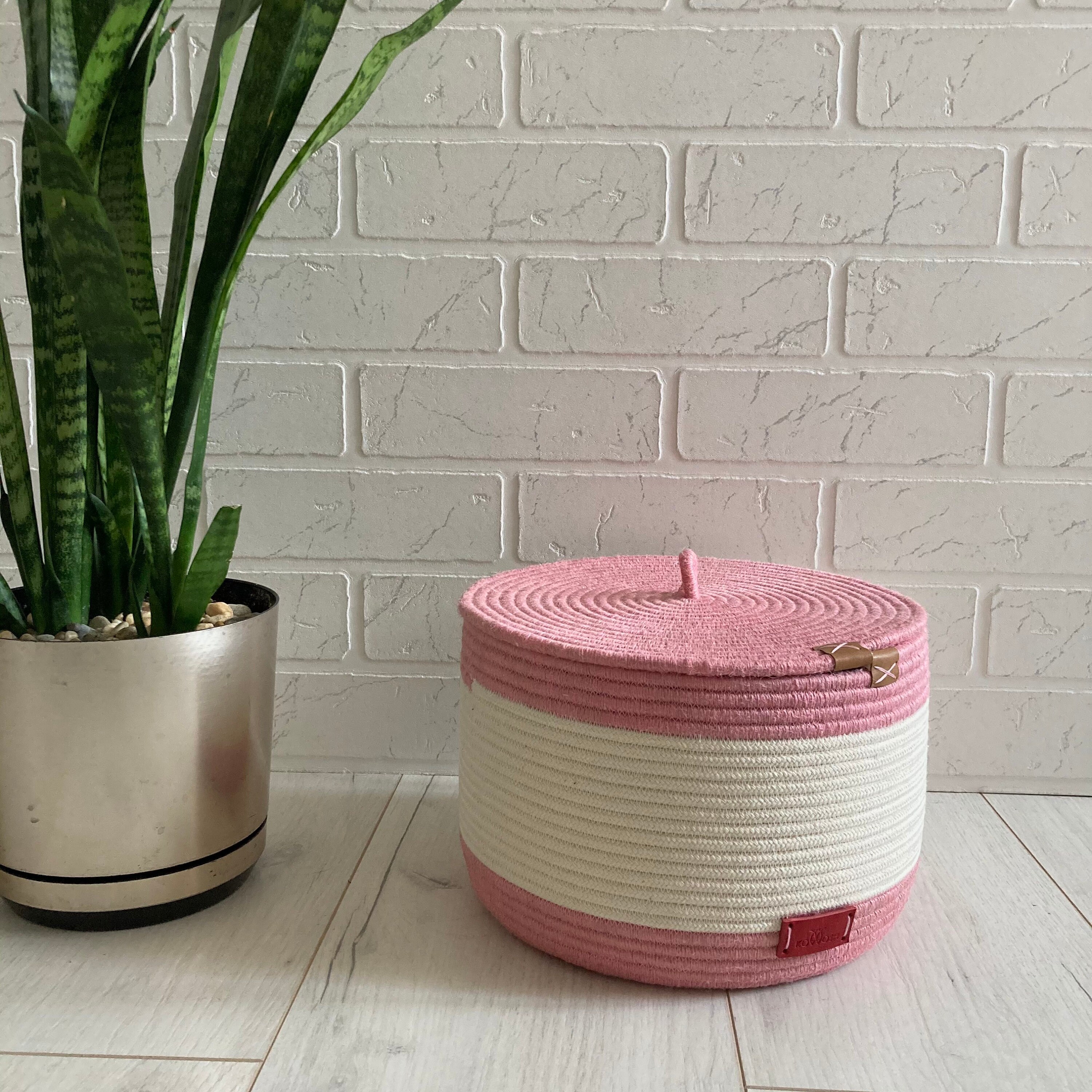 Pink Nursery Basket Cotton Rope Basket With Lid Etsy