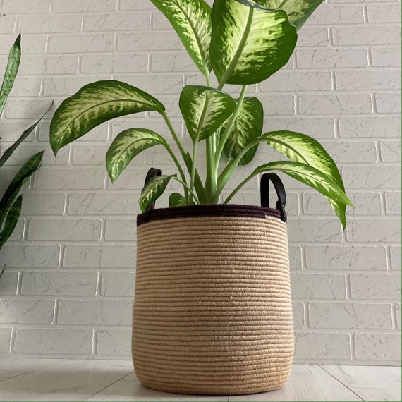 Jute basket with handle Floor plant basket Housewarming gift Etsy