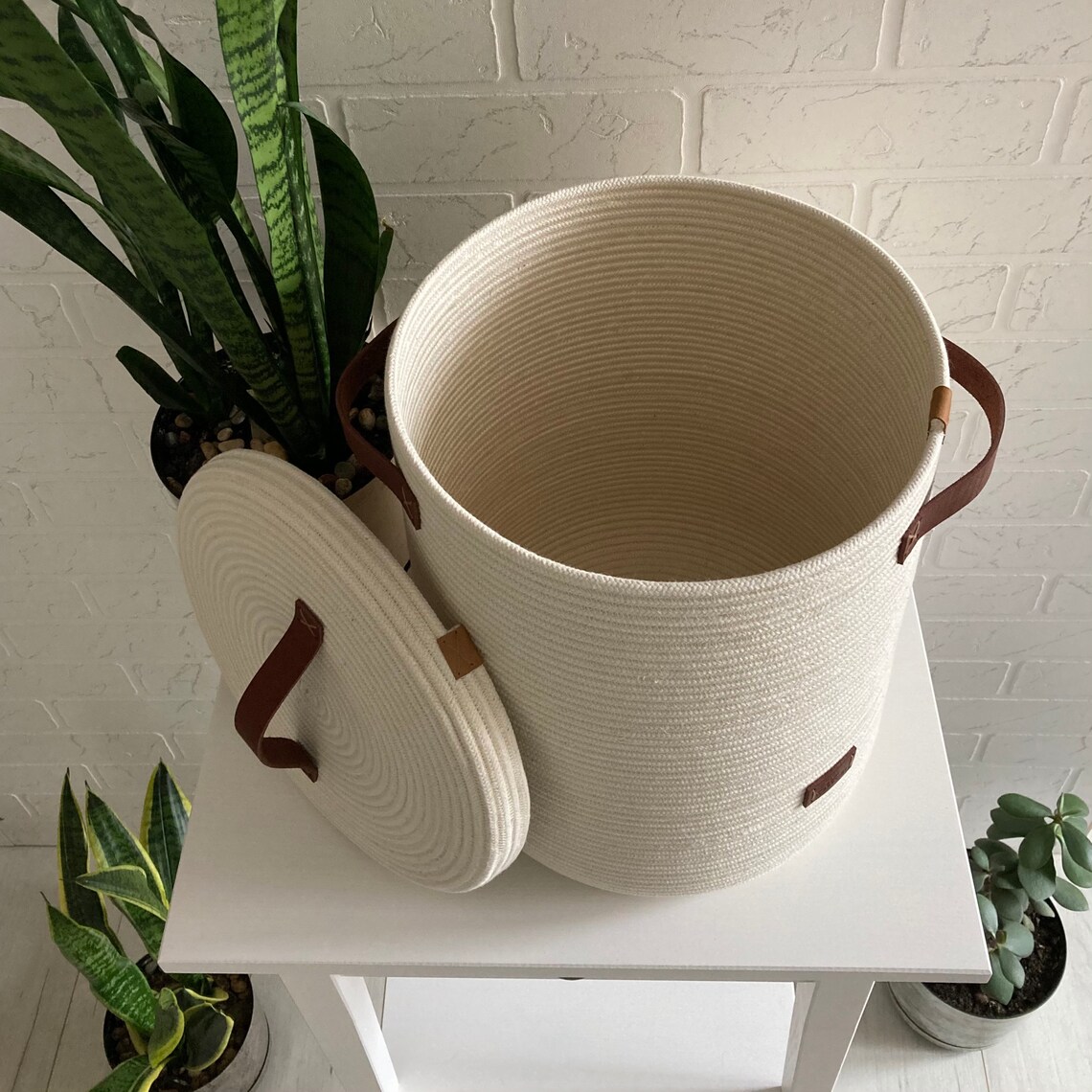 Rope laundry basket with lid White basket with handle Cozy Etsy