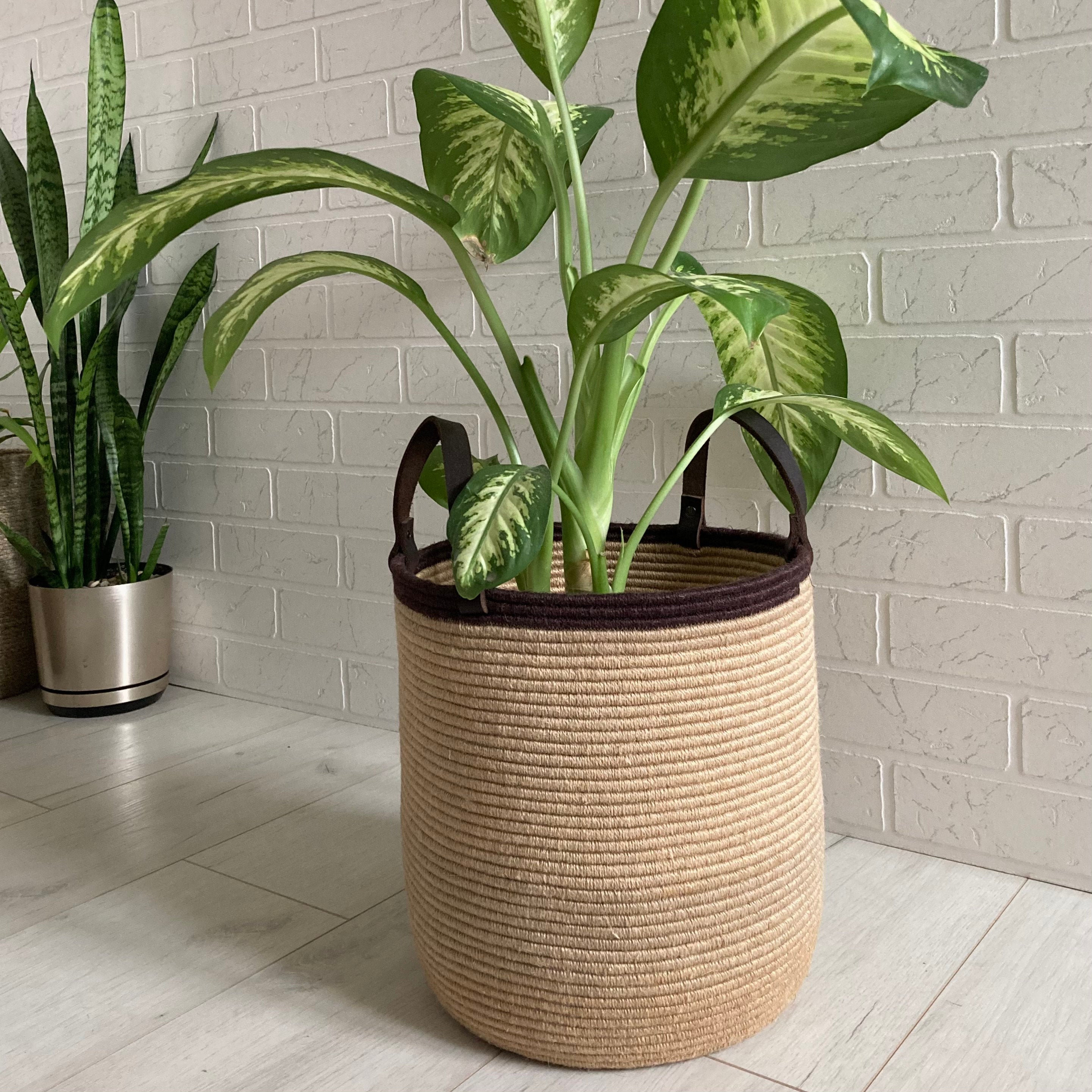 Jute basket with handle Floor plant basket Housewarming gift Etsy