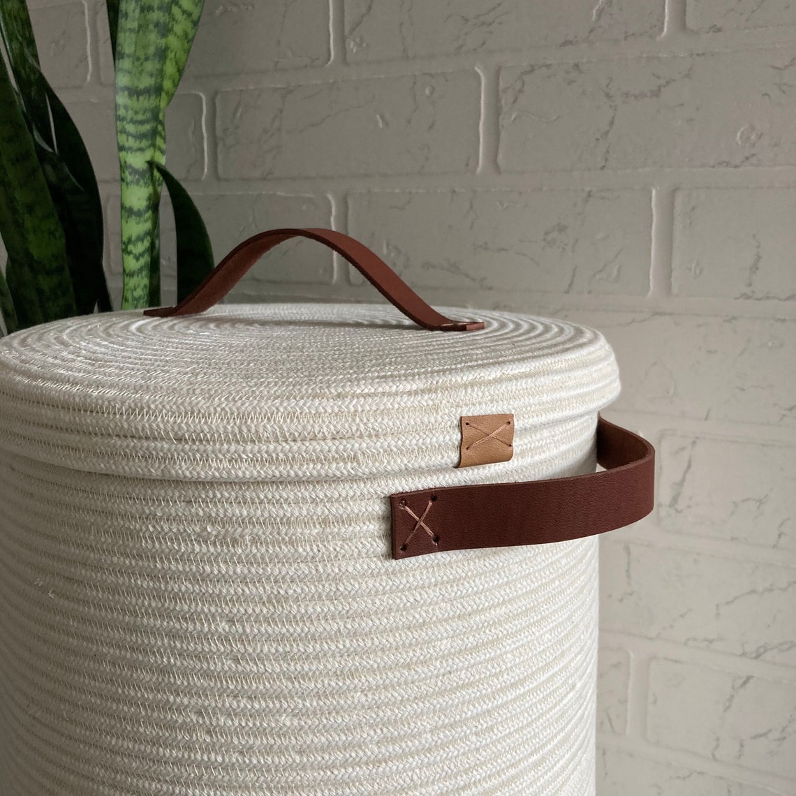 Rope laundry basket with lid White basket with handle Cozy Etsy