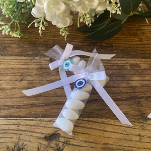 White Slimline Organza Pouch with Mini Evil Eye Charm| Bombonerie | Sugar Coated Almonds | Wedding Favours | Christening Favours