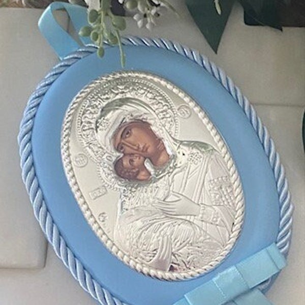 Musical Orthodox Icon I Baby Icon | Baby Gift | Silver Plated Mary and Jesus Icon- Large