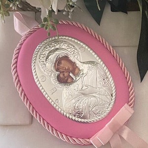 Orthodox Icon I Baby Icon | Baby Gift | Silver Plated Mary and Jesus Icon- Large (Pink)