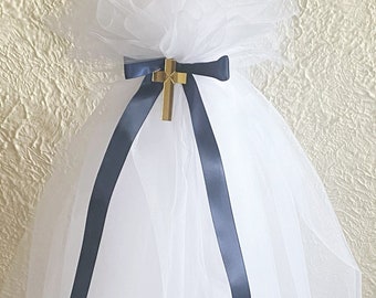 Orthodox Christening Candle - Navy Bow and Gold Cross