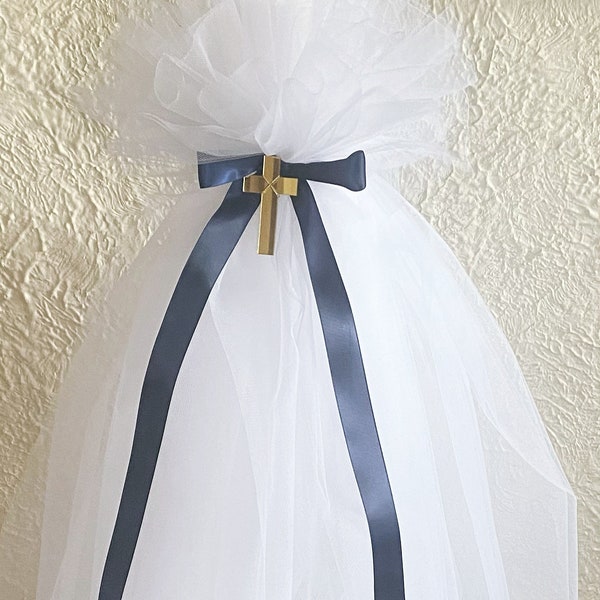 Orthodox Christening Candle - Navy Bow and Gold Cross