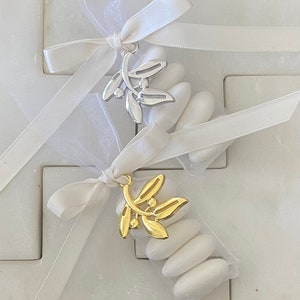 White Slimline Organza Pouch with Gold or Silver Olive Branch Bombonerie | Sugar Coated Almonds | Wedding Favours | Christening Favours