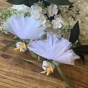 Bomboniere | Wedding Favours | Traditional Organza with Sugared Almonds, Gold Olive Branch and Olive Green Ribbon