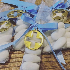 Slimline Organza Pouch with Silver or Gold Cross Charm Bombonerie | Sugar Coated Almonds | Wedding Favours | Christening Favours