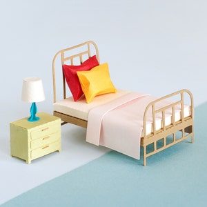 Plantilla de cama, mesita de noche y lámpara, escala 1:24, archivo PDF, archivo SVG y DXF, para corte a mano, máquina de corte y corte láser
