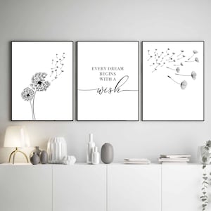 DANDELIONS, DREAMS and WISHES. Wall decoration set with phrase. Minimum. Digital files ready for printing. Customizable dimensions.